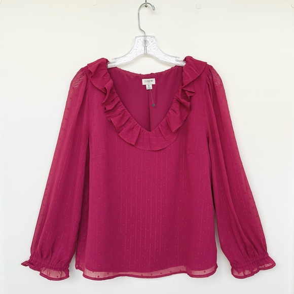 J. Crew Ruffle Blouse Shimmery Clip-Dots V-Neck Long Sleeve Elastic Cuff lined - Picture 6 of 8